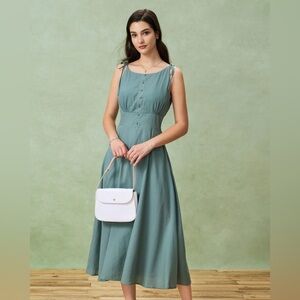 Rihoas Green Boat Neck Backless Slip Midi Dress